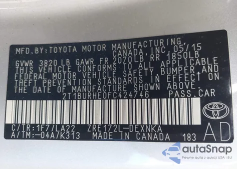 2015 Toyota Corolla Le Premium from USA, damaged, VIN 2T1BURHE0FC424746